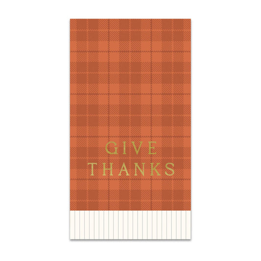 Orange Plaid guest towel napkin with 'Give Thanks' text and white fringe at the bottom.