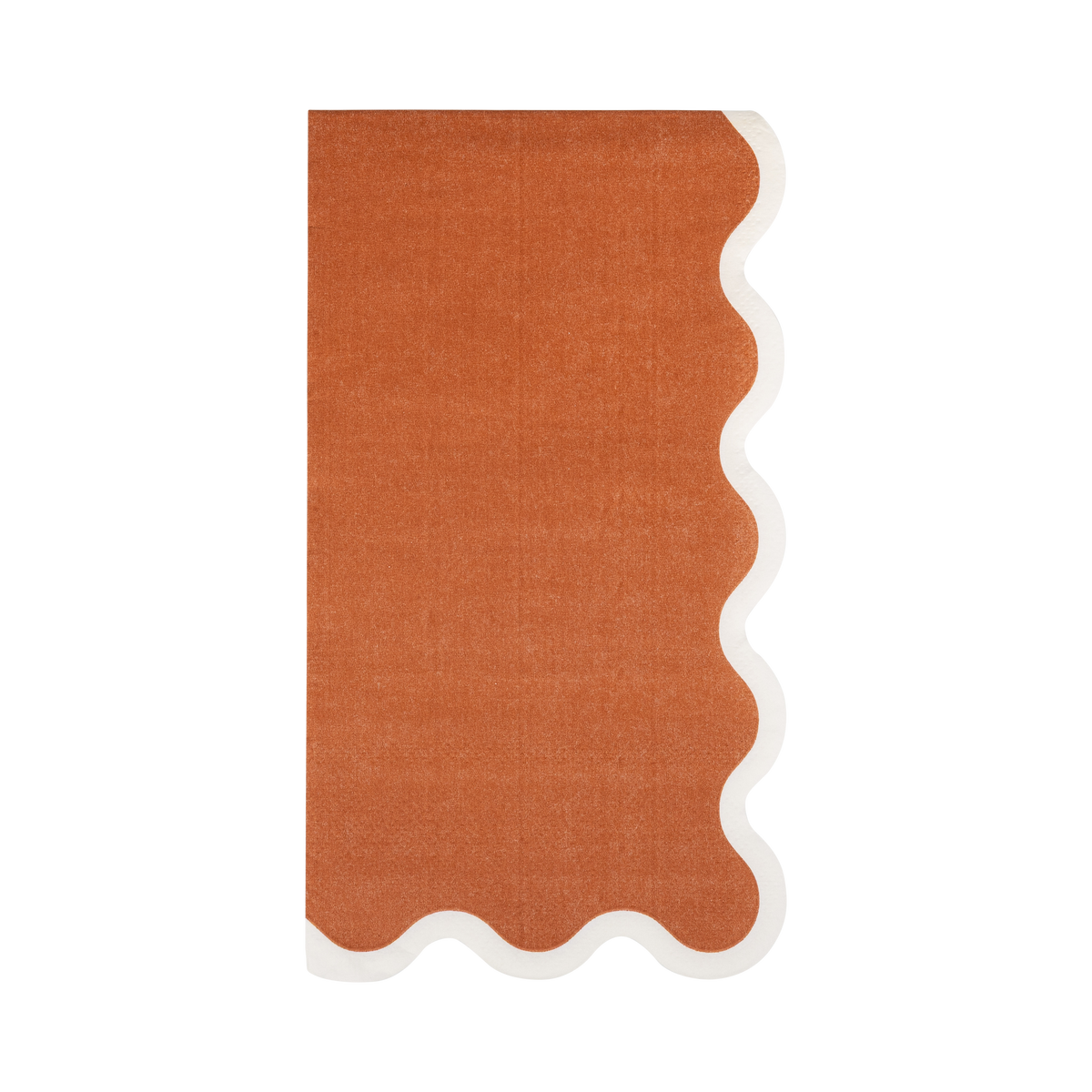 Rectangular rust orange paper napkins with a white scalloped edge.
