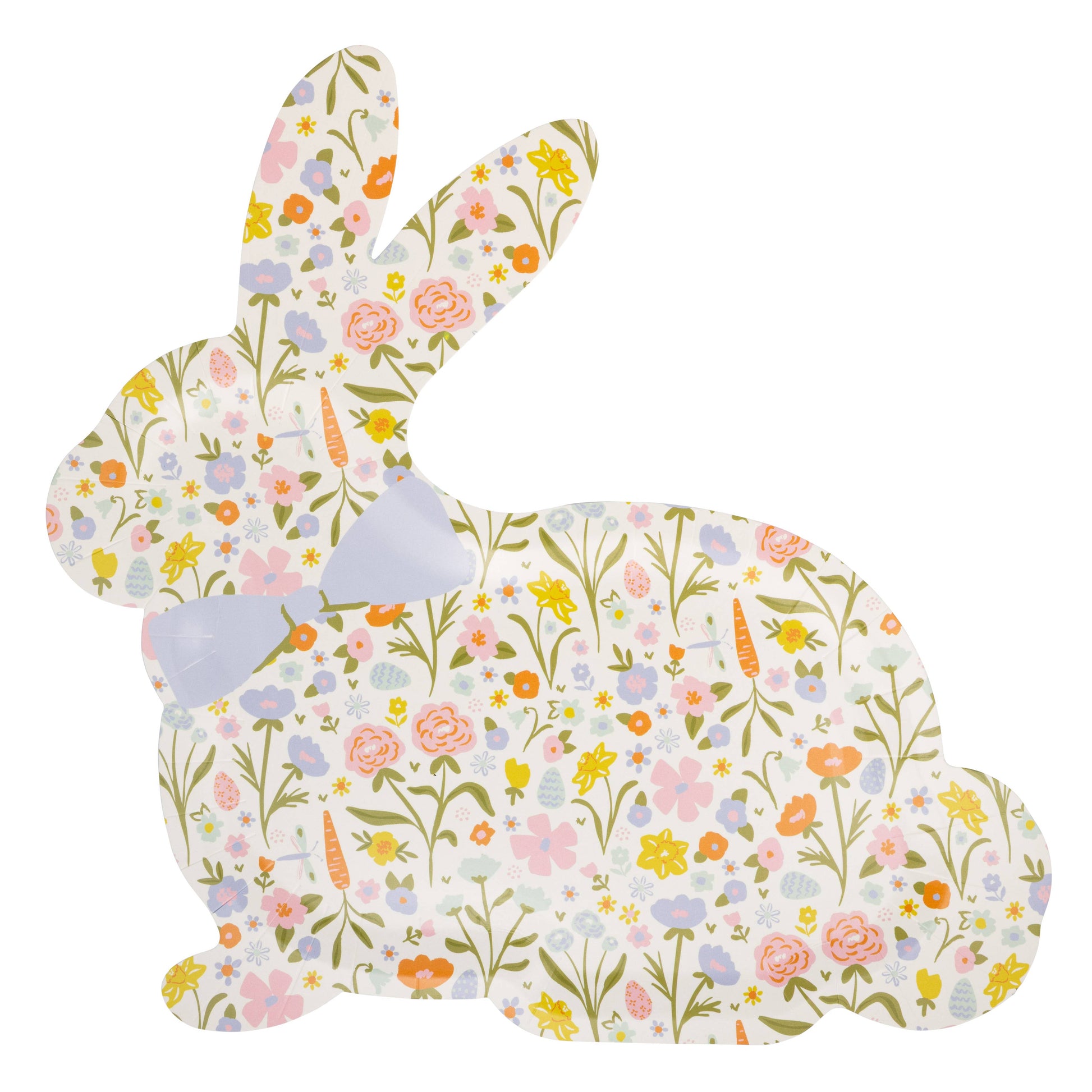 Floral-patterned bunny-shaped paper plate on a white background.