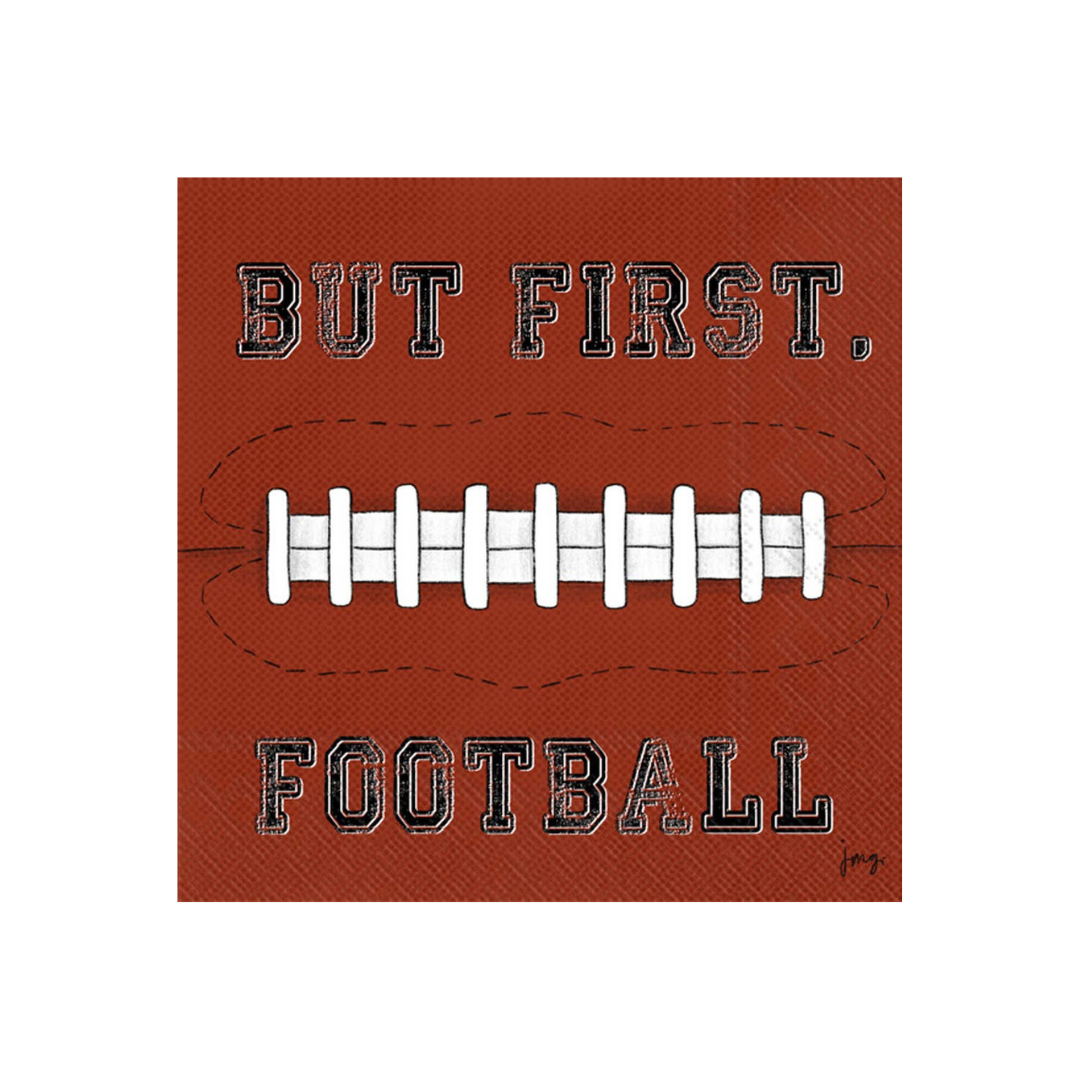 Reddish-brown cocktail napkin to look like a football and text 'But First, Football' on a white background.