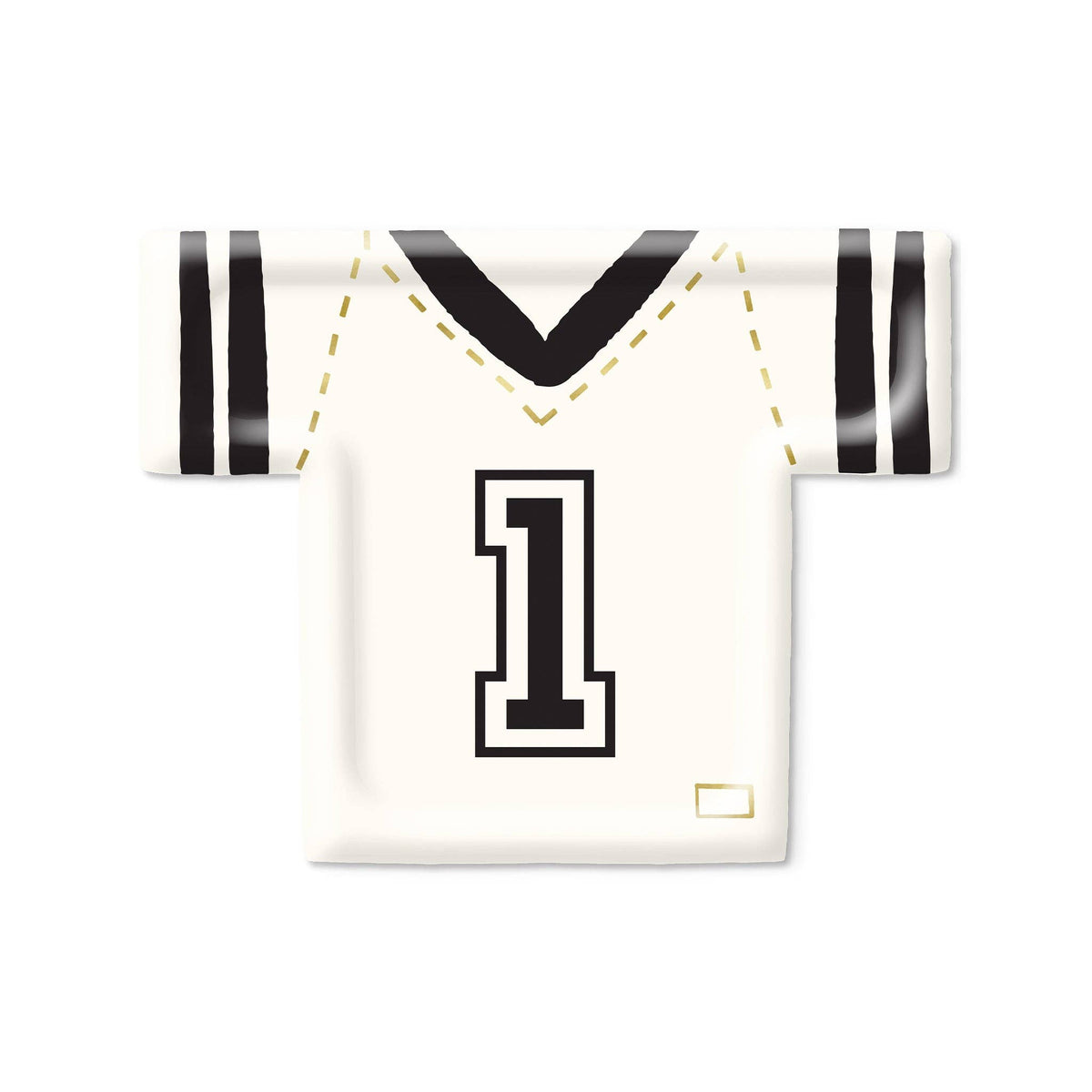 A football jersey-shaped paper plate in cream with black stripes, a black V-neck, a large black number 1 on the front, and thin gold dashed line details, shown on a plain white background.