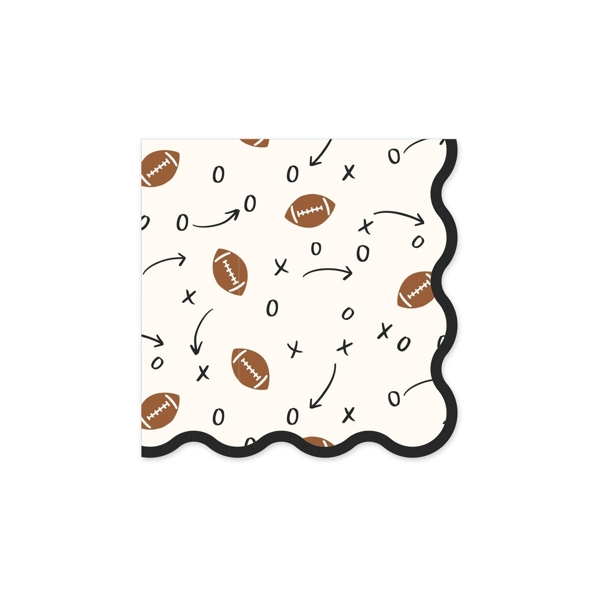 A square paper napkin with a scalloped black edge, featuring a football-themed pattern with brown footballs, black play symbols, and arrows on a warm off-white background.