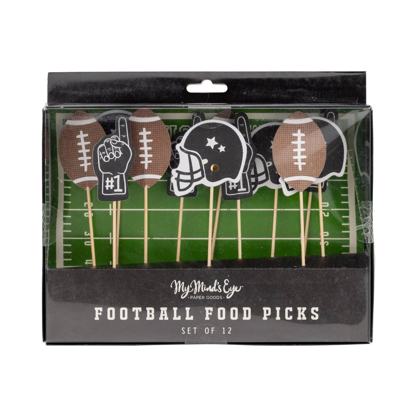 Packaged set of football-themed food picks with a clear window showing the items inside.