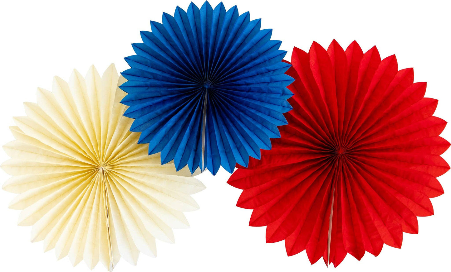 Three patriotic paper party fans in blue, red, and off-white on a white background.