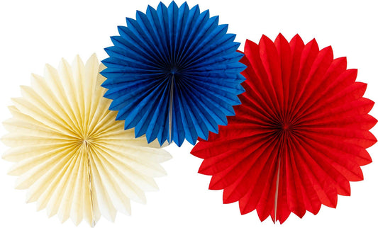 Three patriotic paper party fans in blue, red, and off-white on a white background.