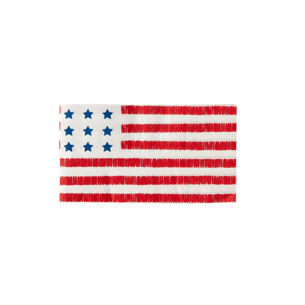 American Flag Party Napkins featuring red and white stripes and a white square in the upper left-hand corner with nine blue stars.
