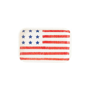 American Flag Party Paper Plates with rounded edges, featuring red and white stripes and a white square in the upper left-hand corner with nine blue stars.