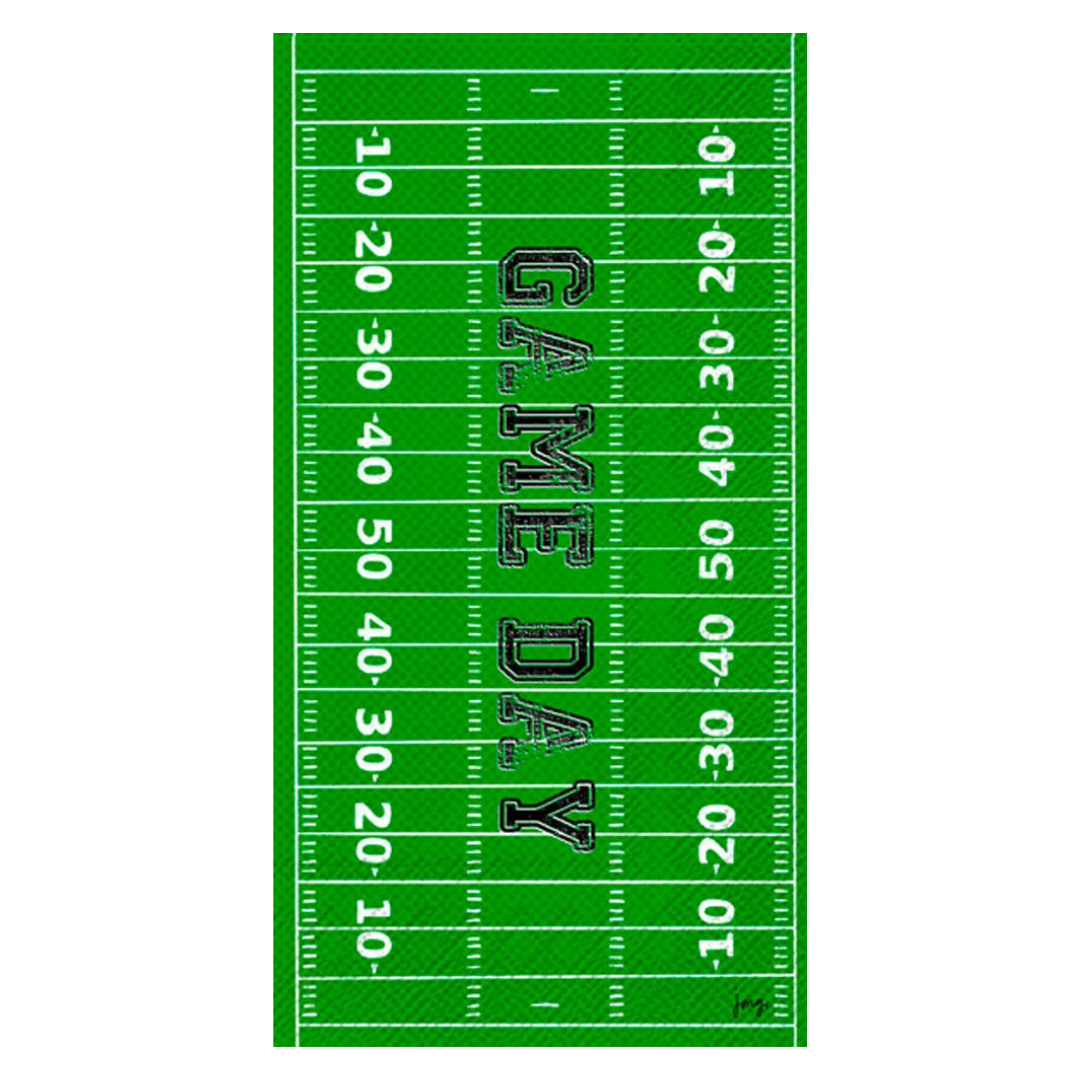 A paper guest towel napkin with a football field design and 'GAMEDAY' text on a green background.
