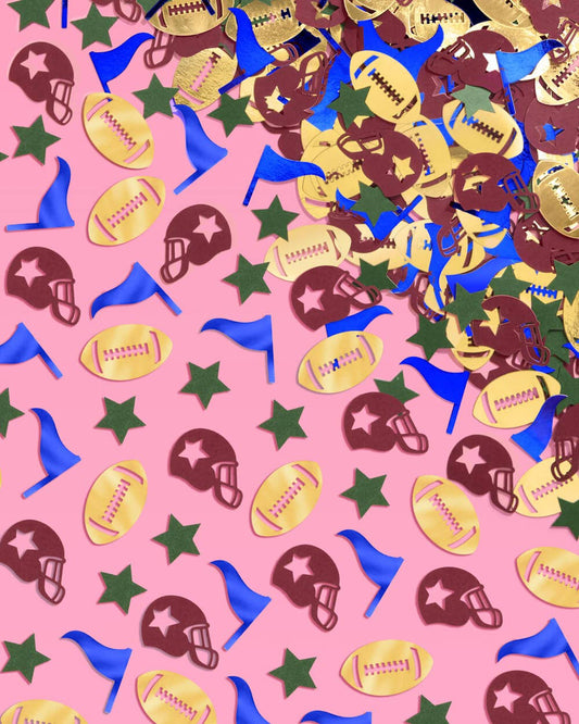 Colorful assorted confetti of football helmets, stars, and flags on a pink background.