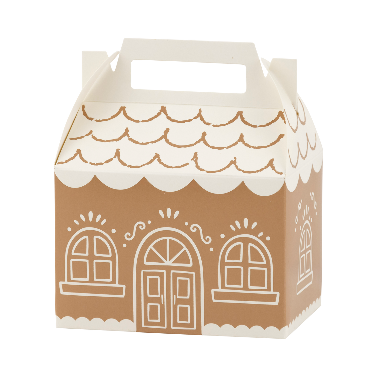 A gingerbread house shaped party favor box with a white handle, featuring brown sides and a white scalloped roof and trim with white window and door illustrations.