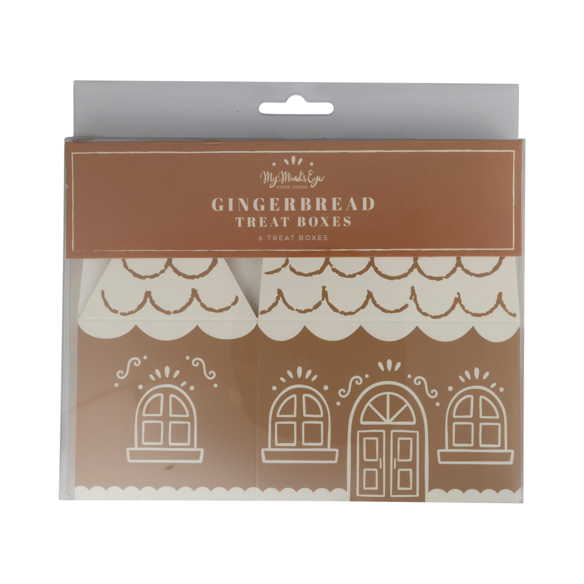 A package of Gingerbread Treat Boxes, featuring three white gingerbread house-shaped boxes inside a clear plastic sleeve with a brown header card.