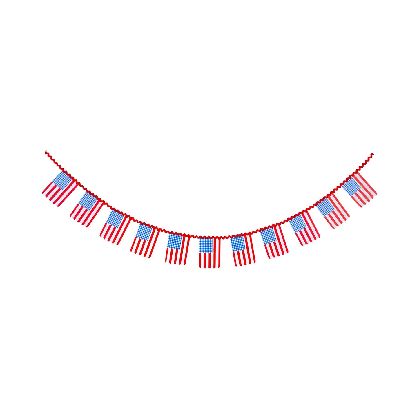 Bunting flag garland with red, white, and blue gingham pattern on a white background.