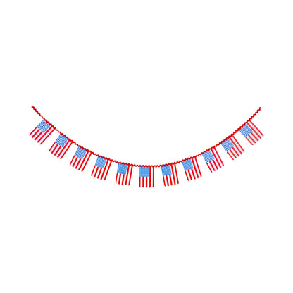 Bunting flag garland with red, white, and blue gingham pattern on a white background.