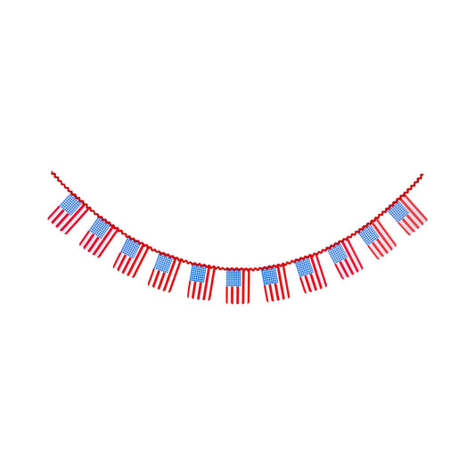 Bunting flag garland with red, white, and blue gingham pattern on a white background.