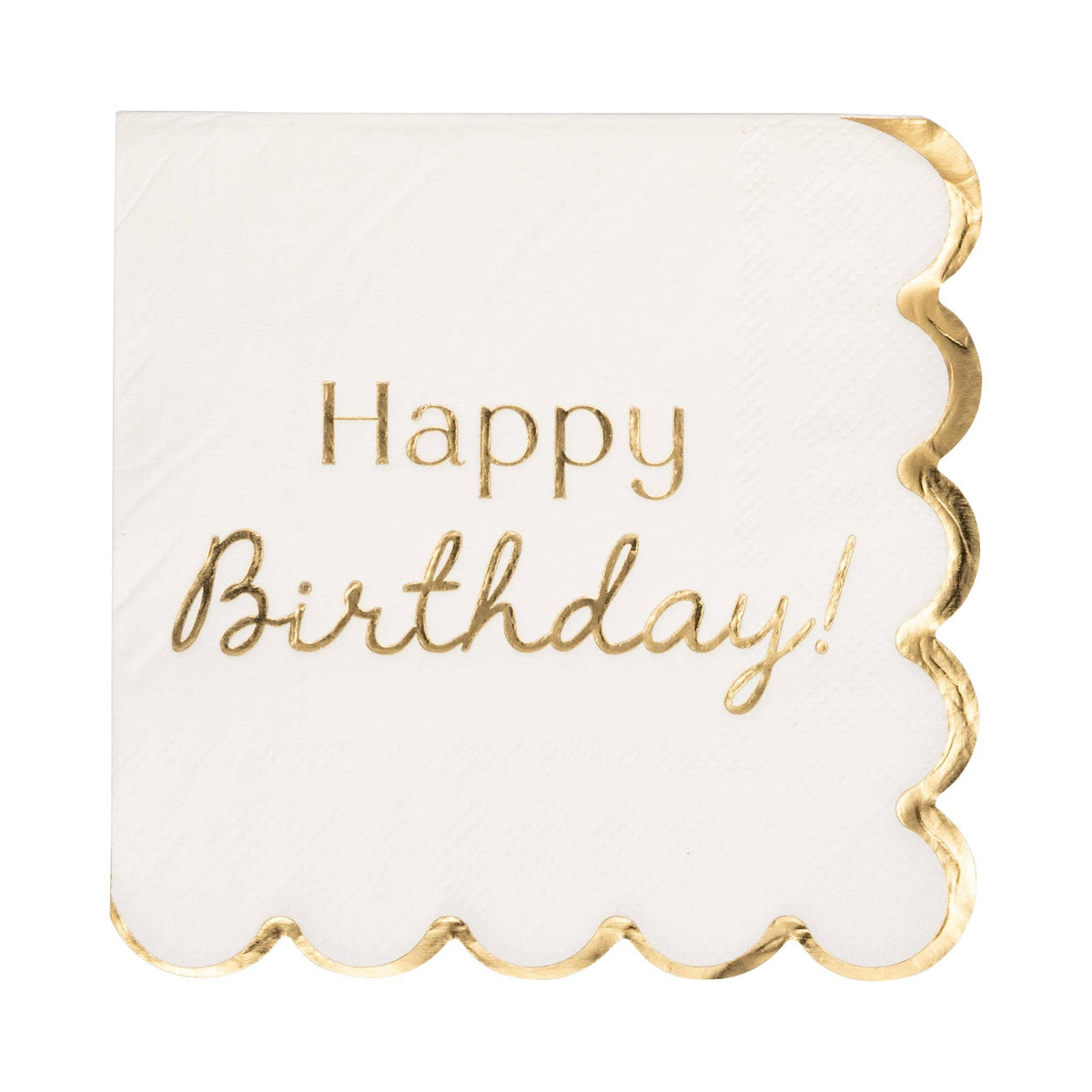 White napkin with gold 'Happy Birthday!' text and decorative border on a white background