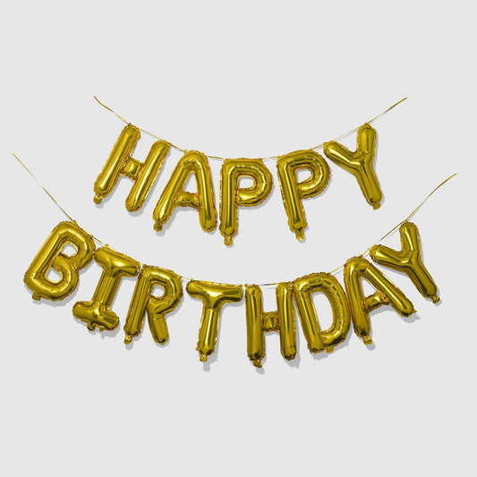 Gold 2-strand Balloon Letters Banner Set that says Happy Birthday