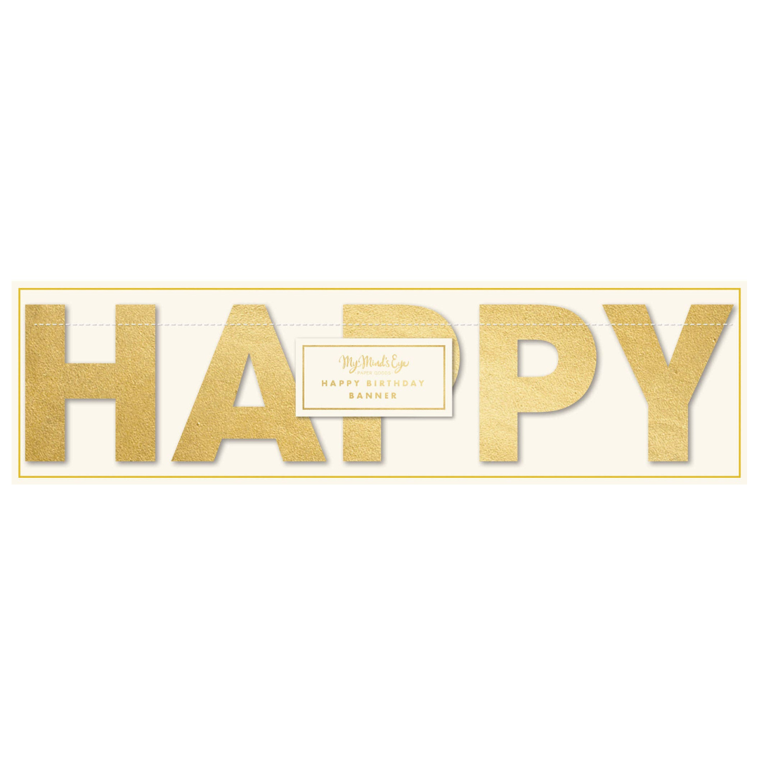Gold 'HAPPY' text banner with a brand logo on a white background.