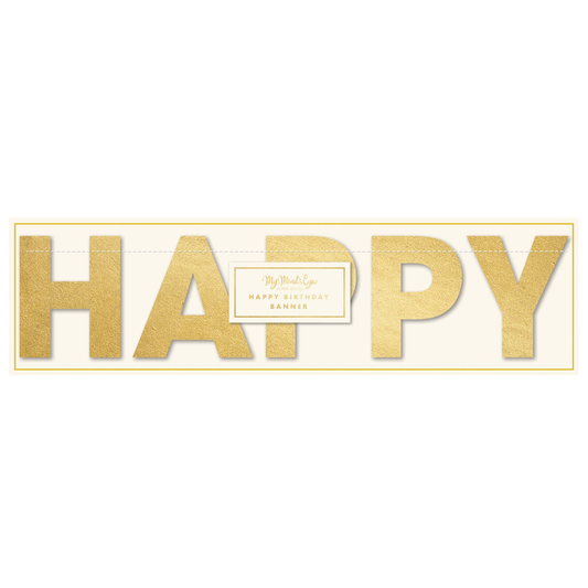 Gold 'HAPPY' text banner with a brand logo on a white background.