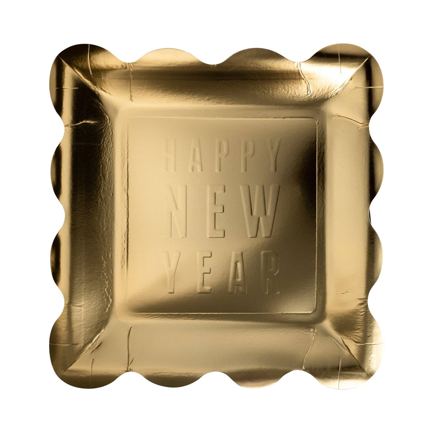 Gold foil square plate embossed with 'Happy New Year' text on a white background.
