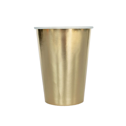 Gold metallic paper cup on a white background
