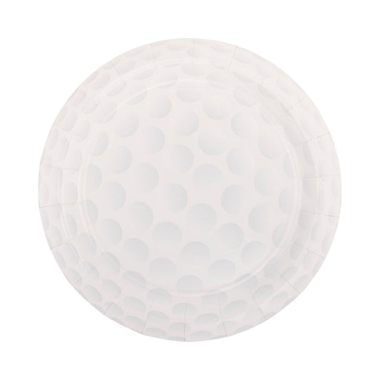 White golf ball shaped plate with visual texture on a white background.