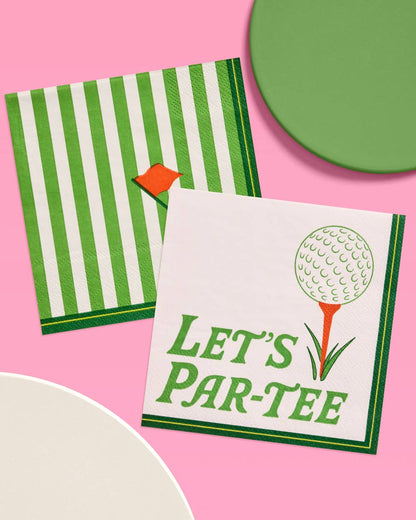 Two party napkins on a pink background, one with green stripes and the other with a golf-themed design.