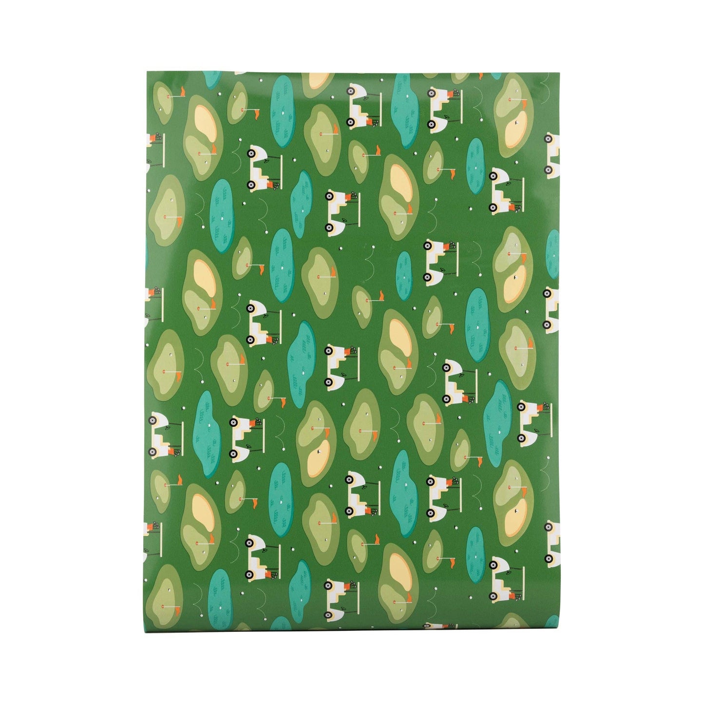 A green patterned paper with golf course design on a white background.