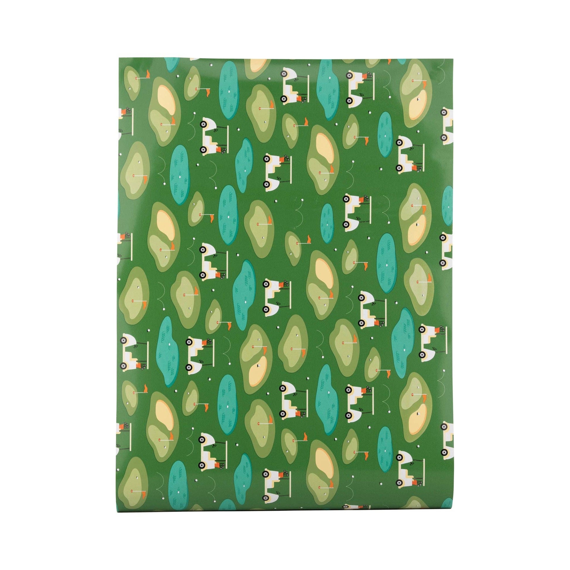A green patterned paper with golf course design on a white background.