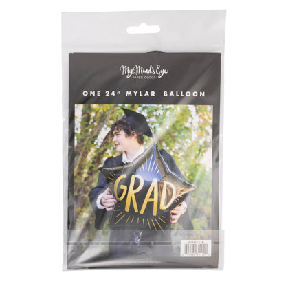 Mylar balloon packaging with a person holding a 'GRAD' balloon, branded 'My Mind's Eye'.