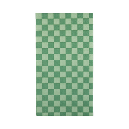 Green checkered paper napkins on a white background.