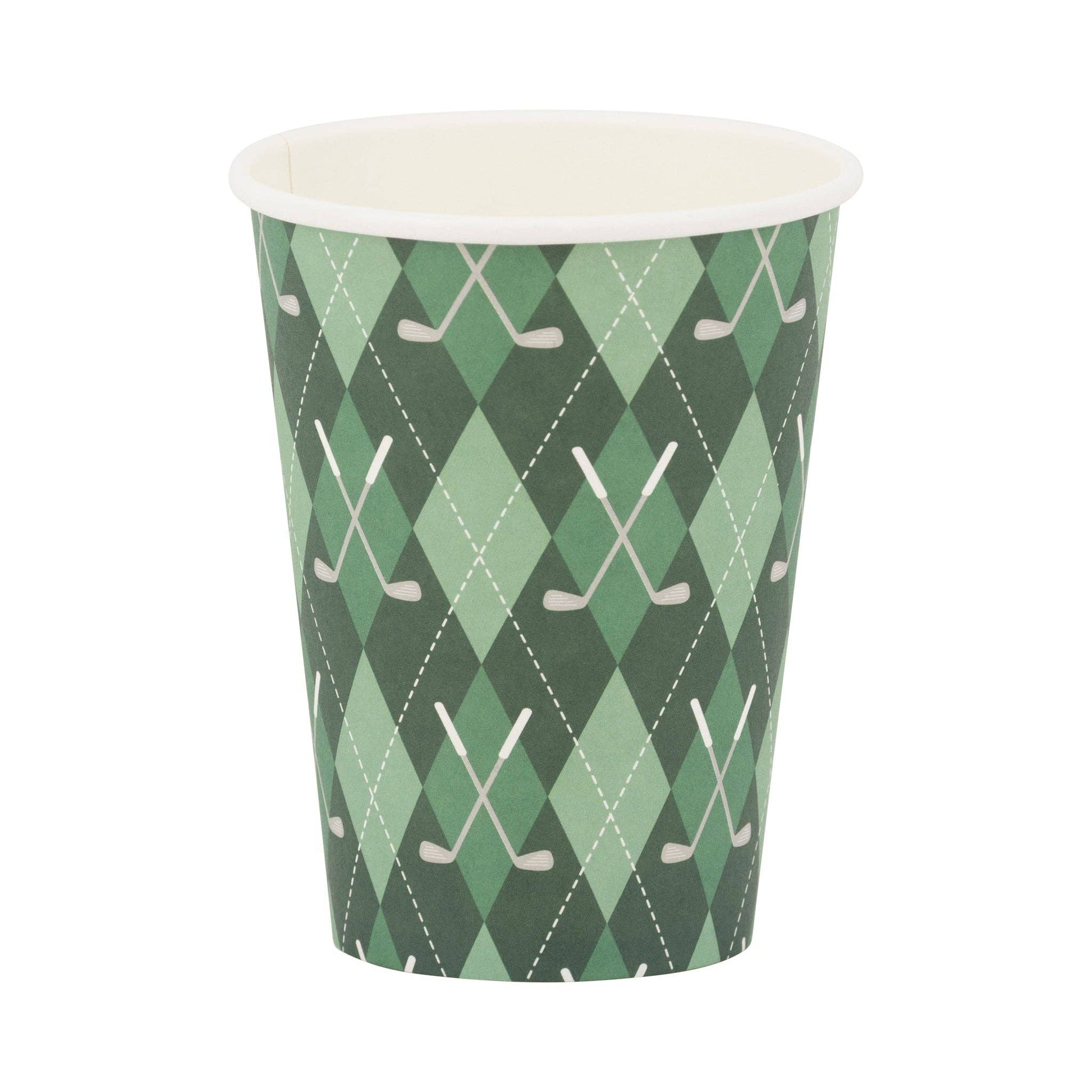 Paper cup with green argyle pattern and golf club design on a white background