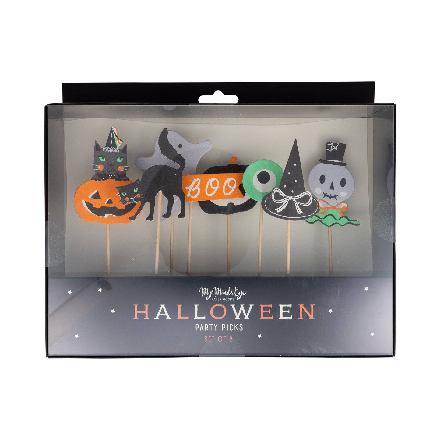 Halloween-themed party picks set in box packaging.