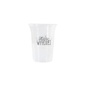 Halloween Clear Plastic 16 ounce Party Cup that says Cheers Witches in black text