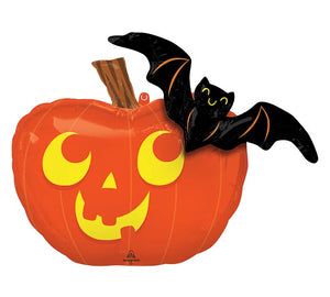 Orange Halloween Jack-o-Lantern Pumpkin Balloon with a Bat with a 3D effect, each with friendly yellow eyes and smile