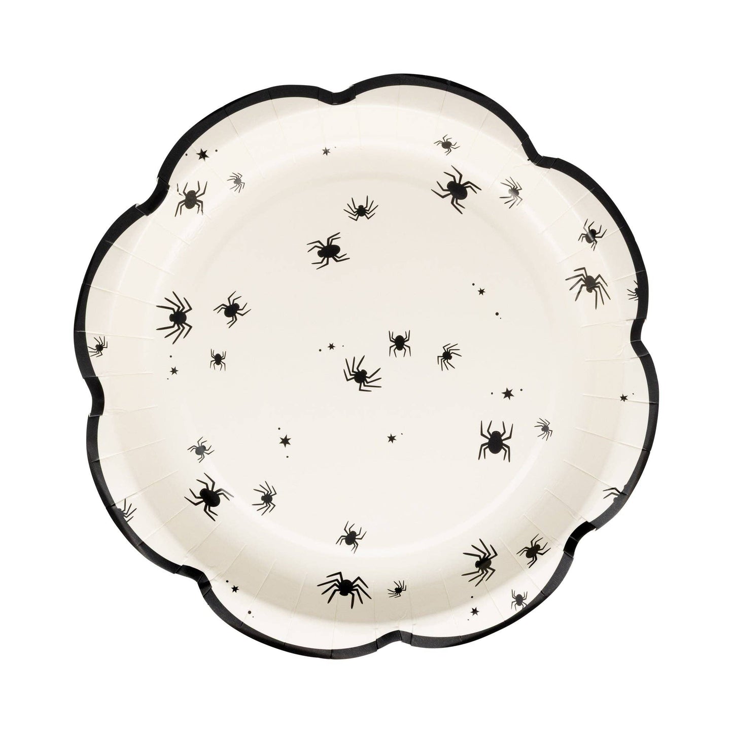 Decorative white paper plate with black spider design and black trim.