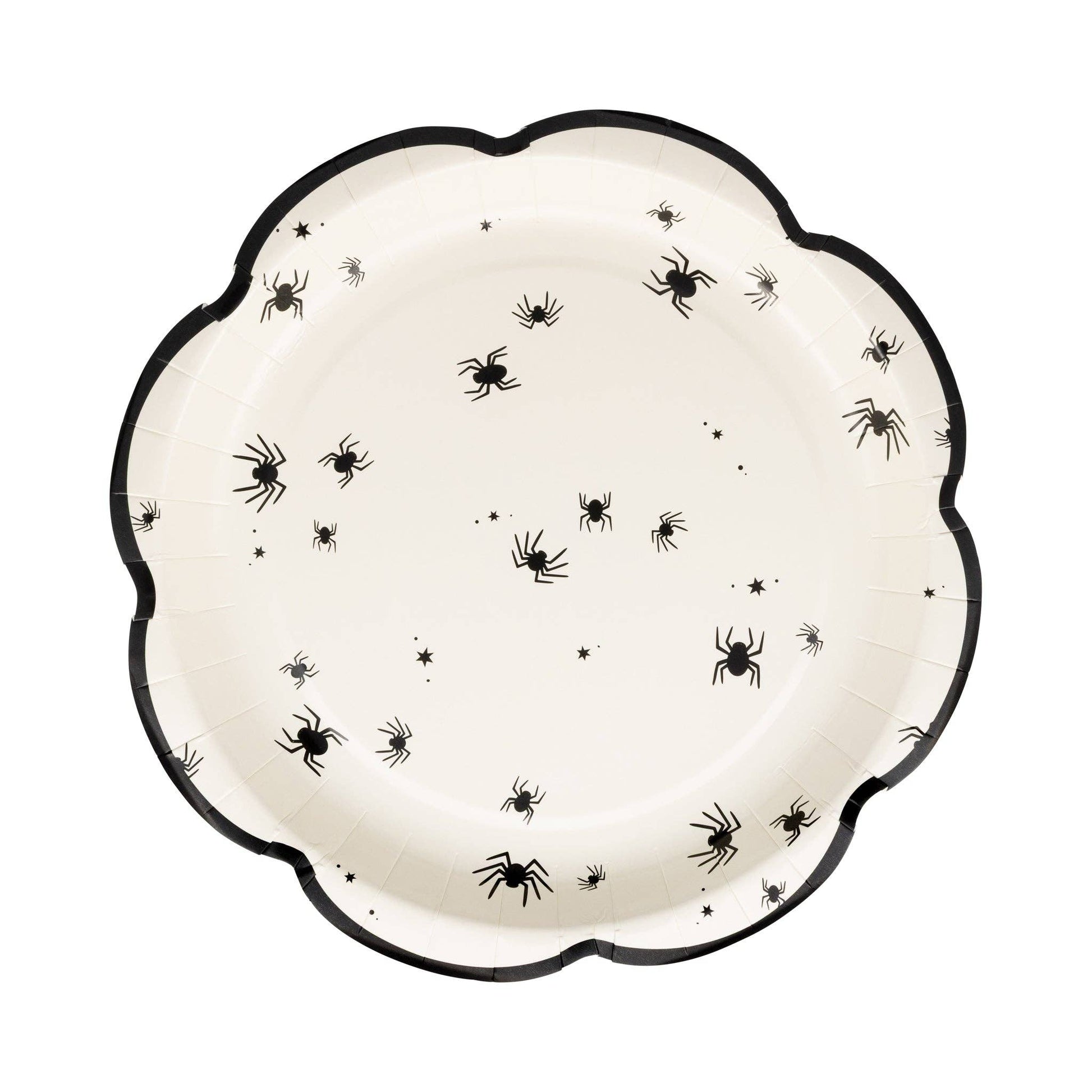 Decorative white paper plate with black spider design and black trim.