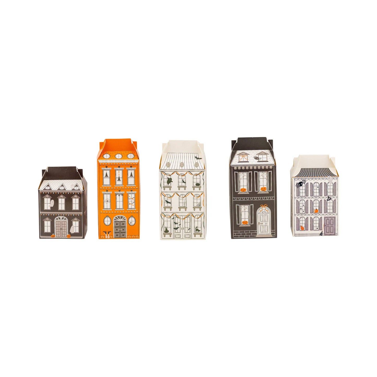 Set of vintage-looking spooky miniature house-shaped paper treat boxes.
