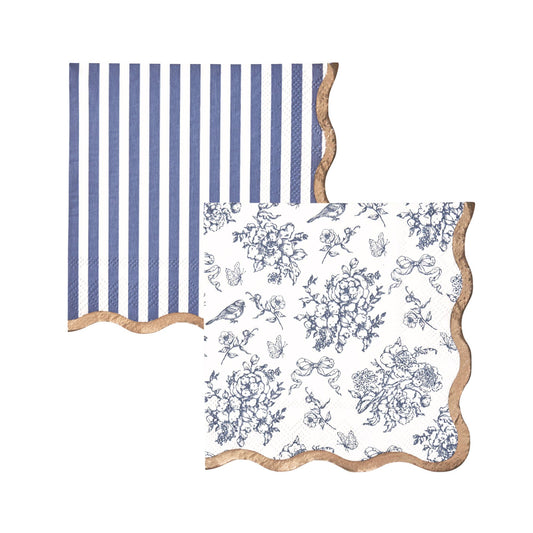 Assorted cocktail napkins with a striped pattern and a blue floral pattern on a white background.