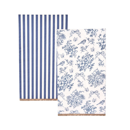 Two guest towel napkins with blue and white patterns on a white background