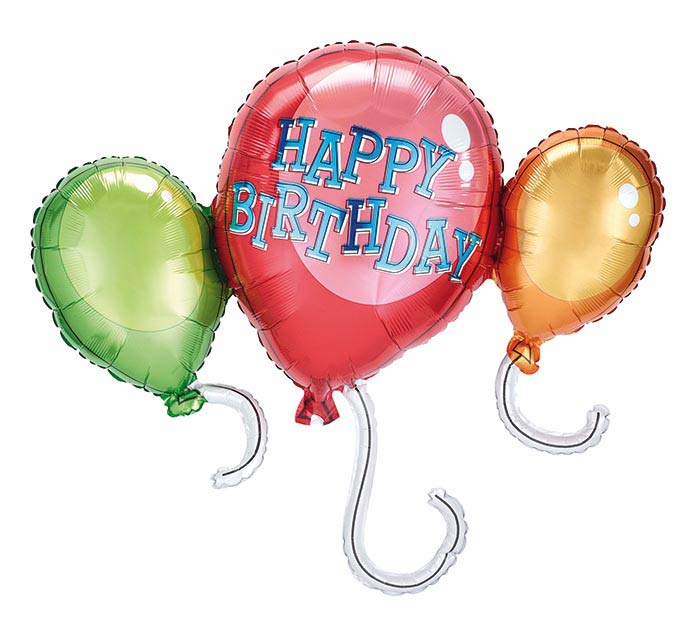 One foil balloon that appears as a cluster of three latex balloons, connected with a festive "Happy Birthday" message written in blue on the middle large red balloon.  The other two smaller balloons are green and orange and all of them have a silver string, which also fills with helium / air.