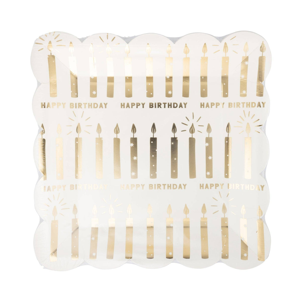 A square white paper plate with scalloped edges, decorated with rows of gold foil candles and the words 'HAPPY BIRTHDAY' printed in gold.