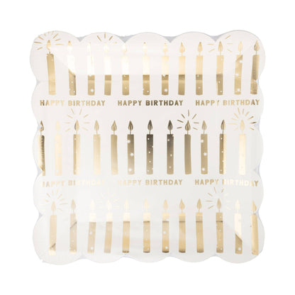 A square white paper plate with scalloped edges, decorated with rows of gold foil candles and the words 'HAPPY BIRTHDAY' printed in gold.