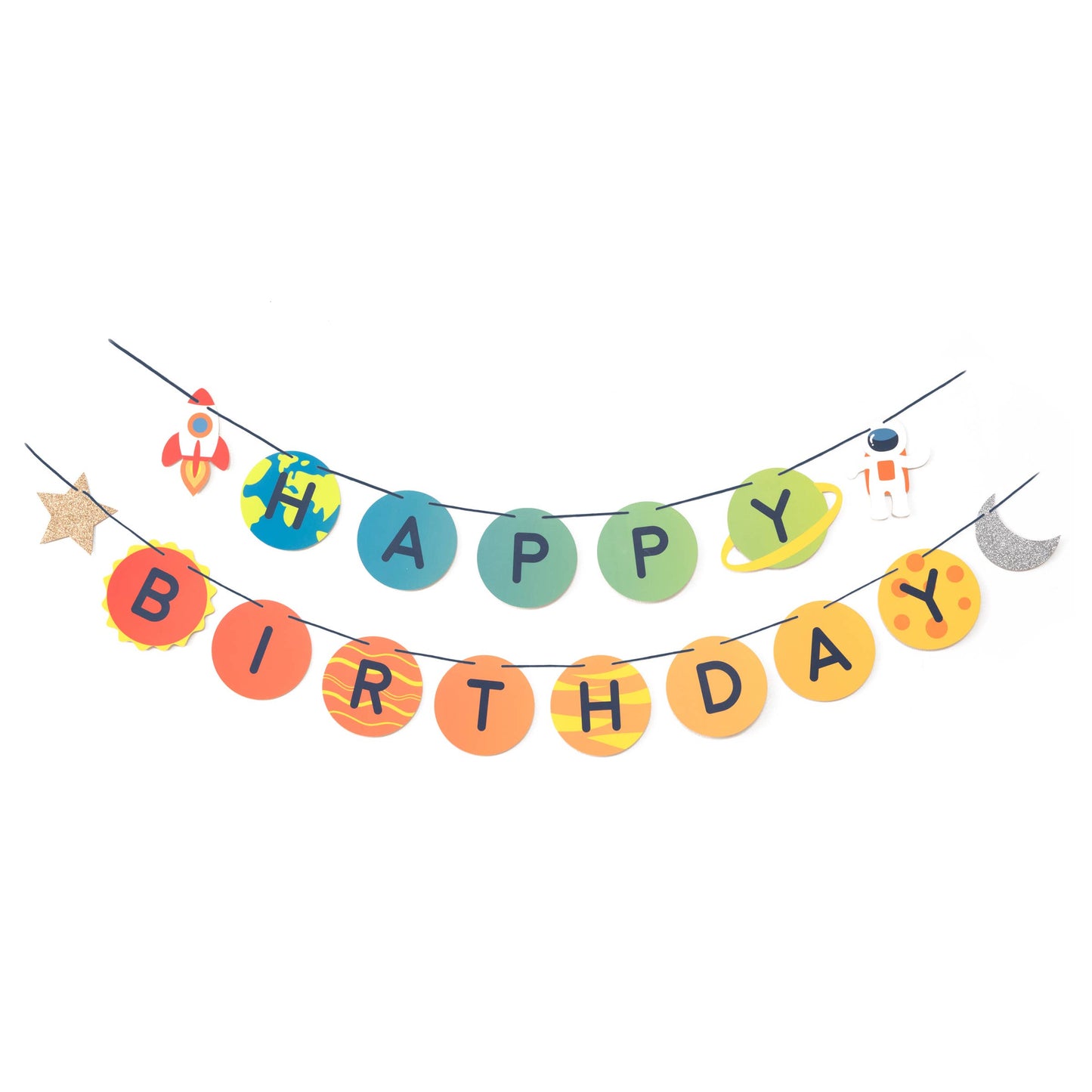 A colorful birthday banner with a space theme, featuring letters spelling out 'HAPPY BIRTHDAY', stars, and moon decorations, all in a flat lay arrangement.