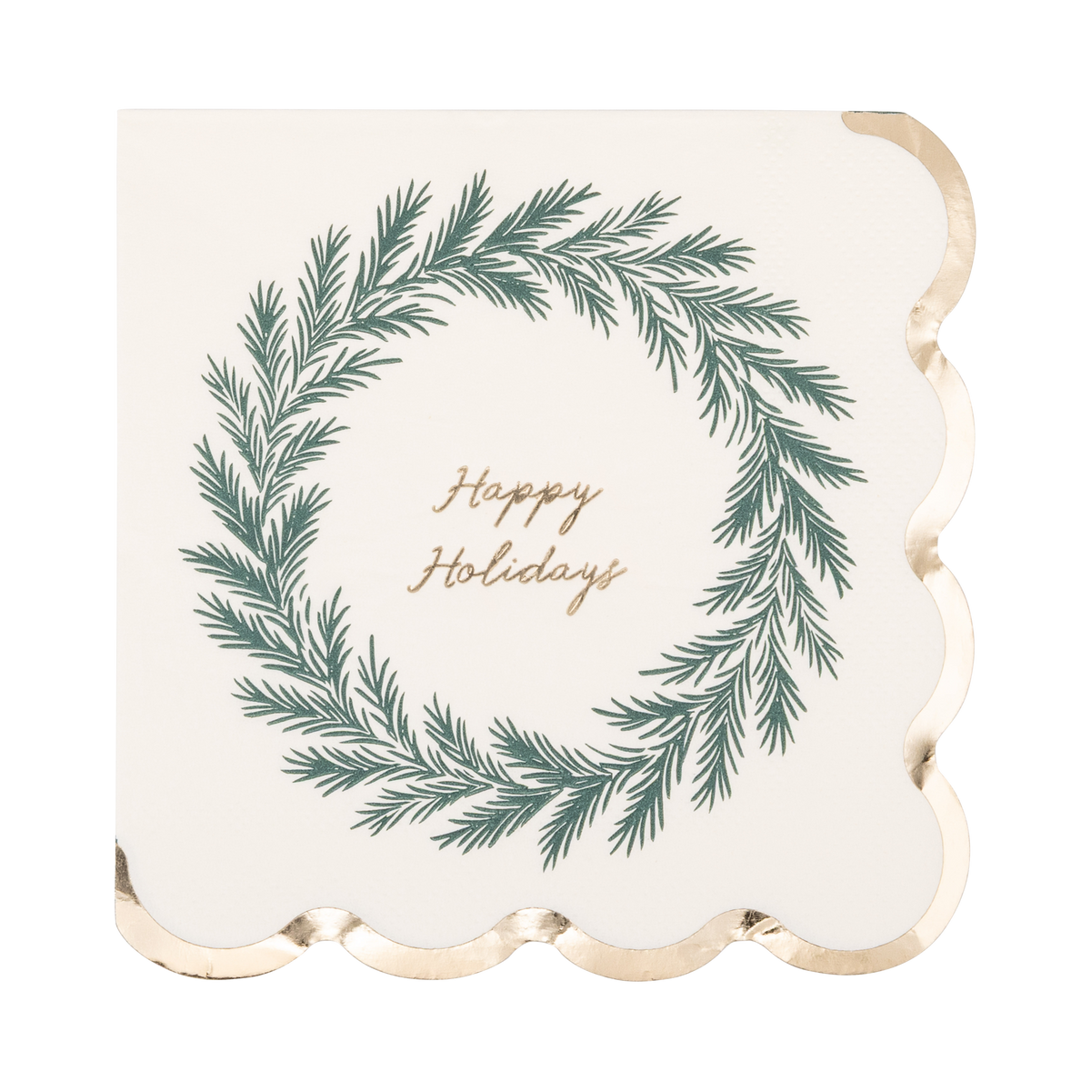 A square paper napkin with scalloped edges, featuring a green pine wreath illustration and the words 'Happy Holidays' in gold script on a warm off-white background.