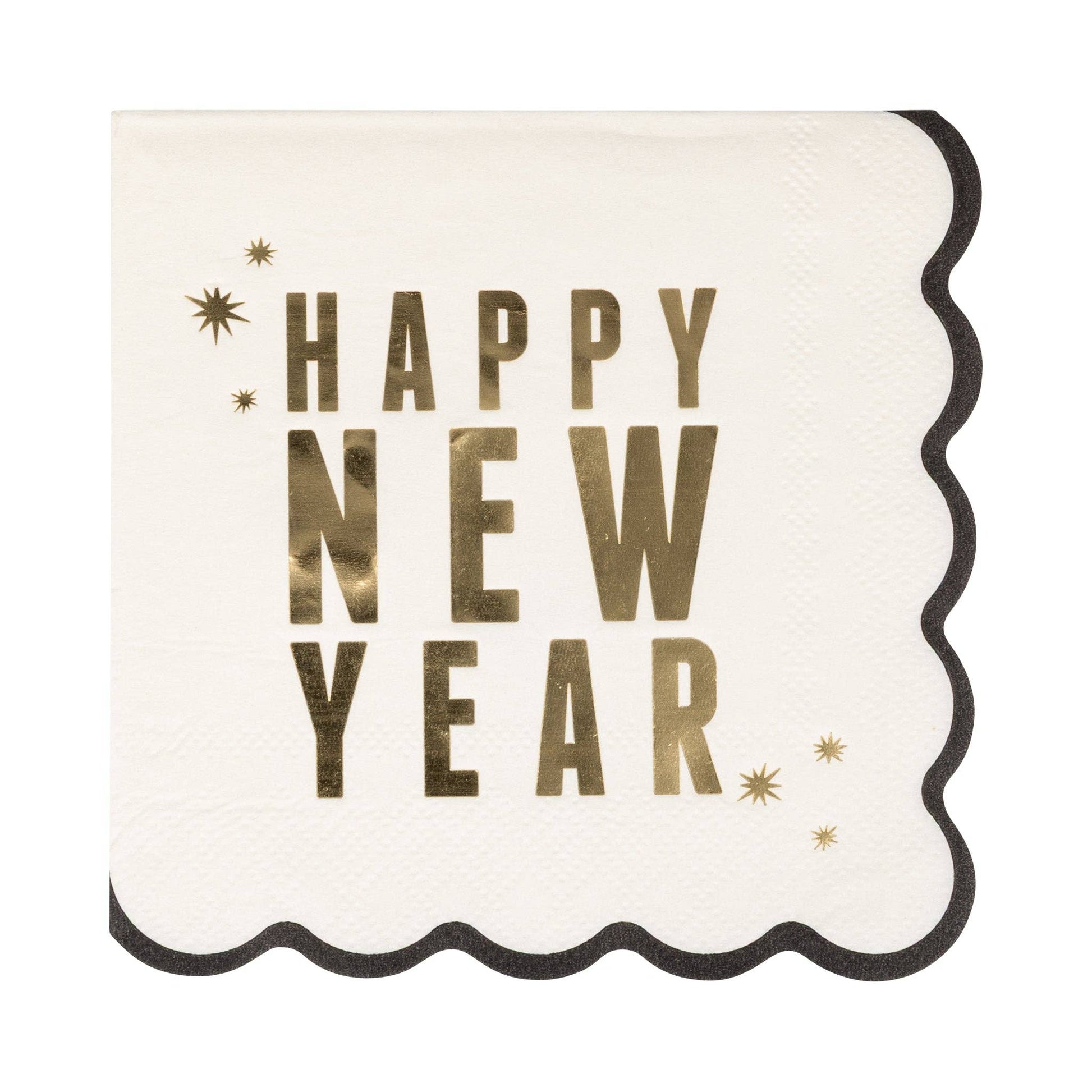 Napkin with 'Happy New Year' text in gold on a white background.