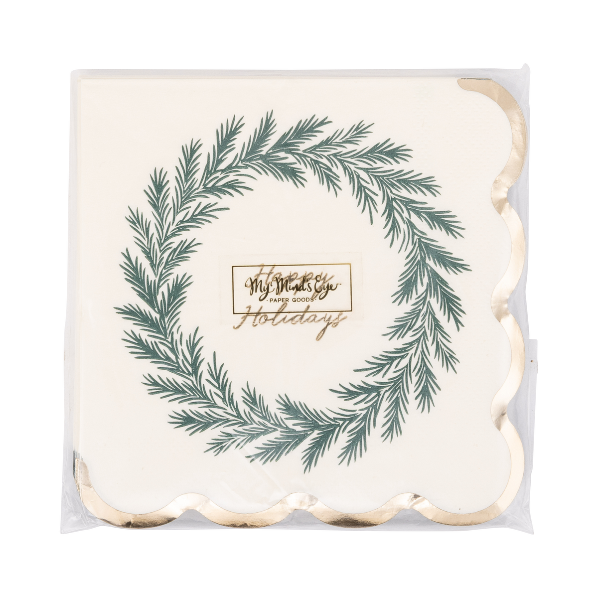 A set of square white paper napkins with scalloped edges, wrapped in clear plastic. The napkins feature a green pine wreath illustration and the gold foil text 'Happy Holidays' in the center.