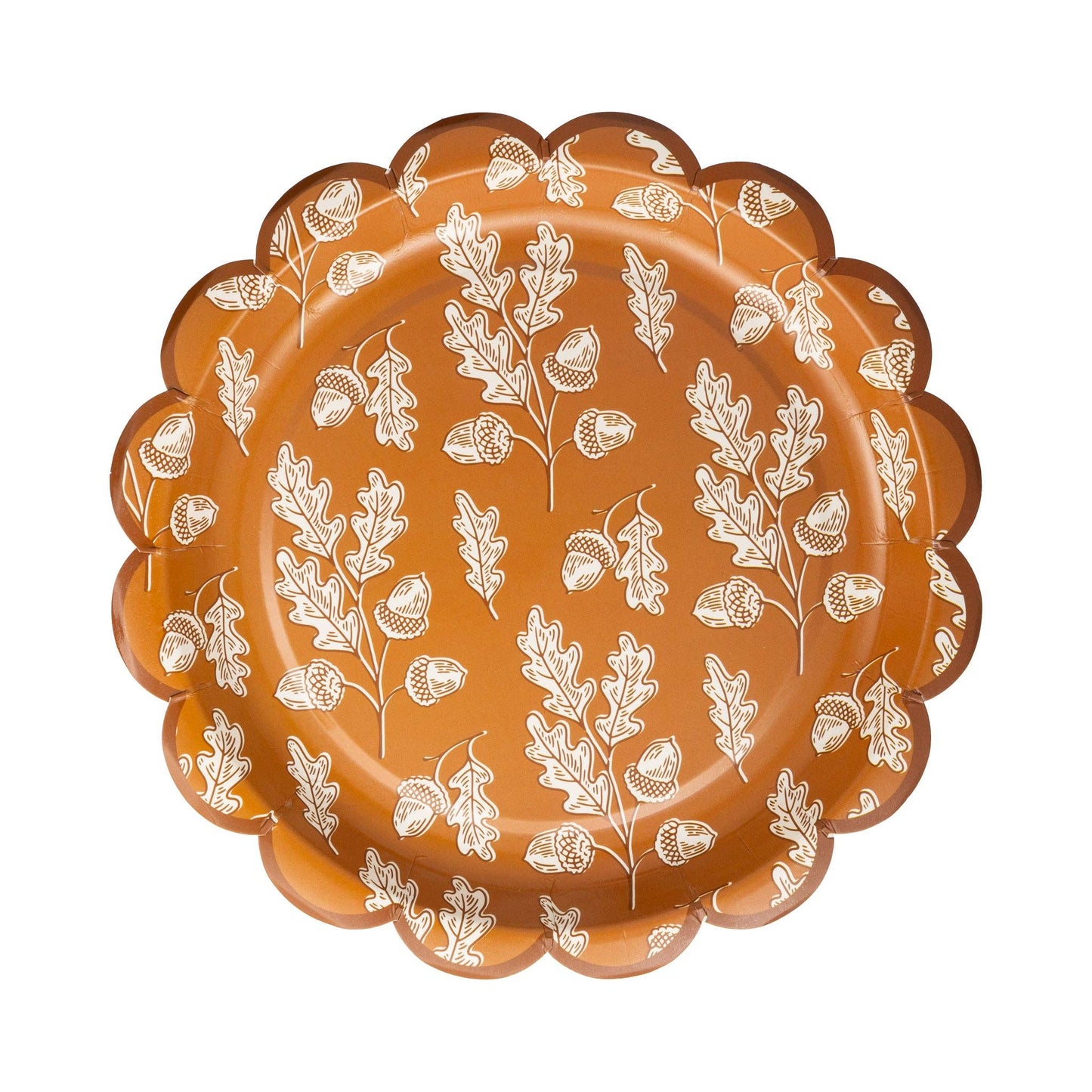 Decorative plate with white leaf and acorn design on an orange & brown background.