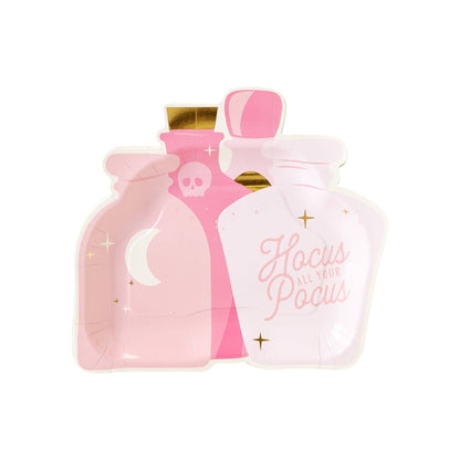 Pink Potion Shaped Paper plates with "Hocus Pocus" branding on one of the bottles.
