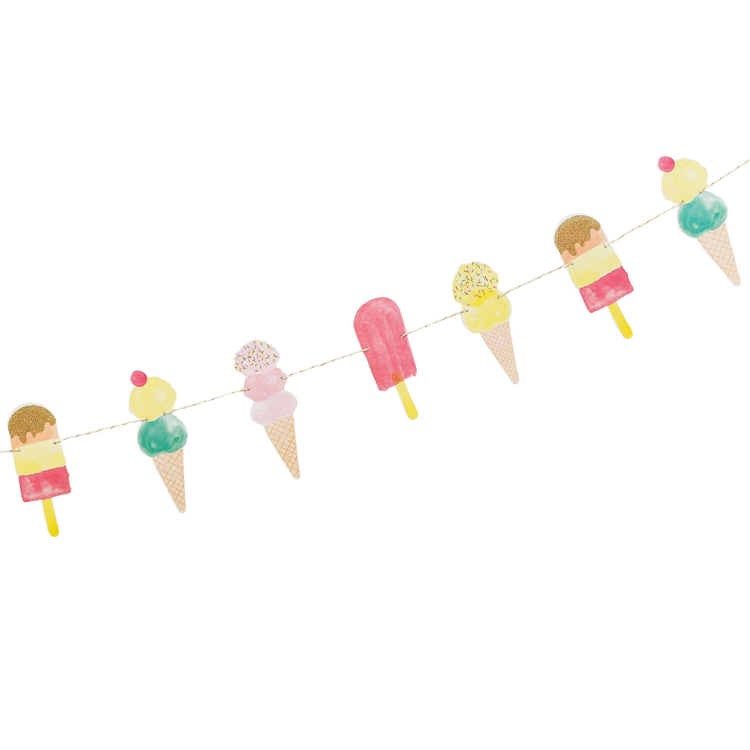 Watercolor-style ice cream and popsicle garland banner on a thin string, featuring multicolored cones, popsicles, and scoops in soft pastel shades against a white background.