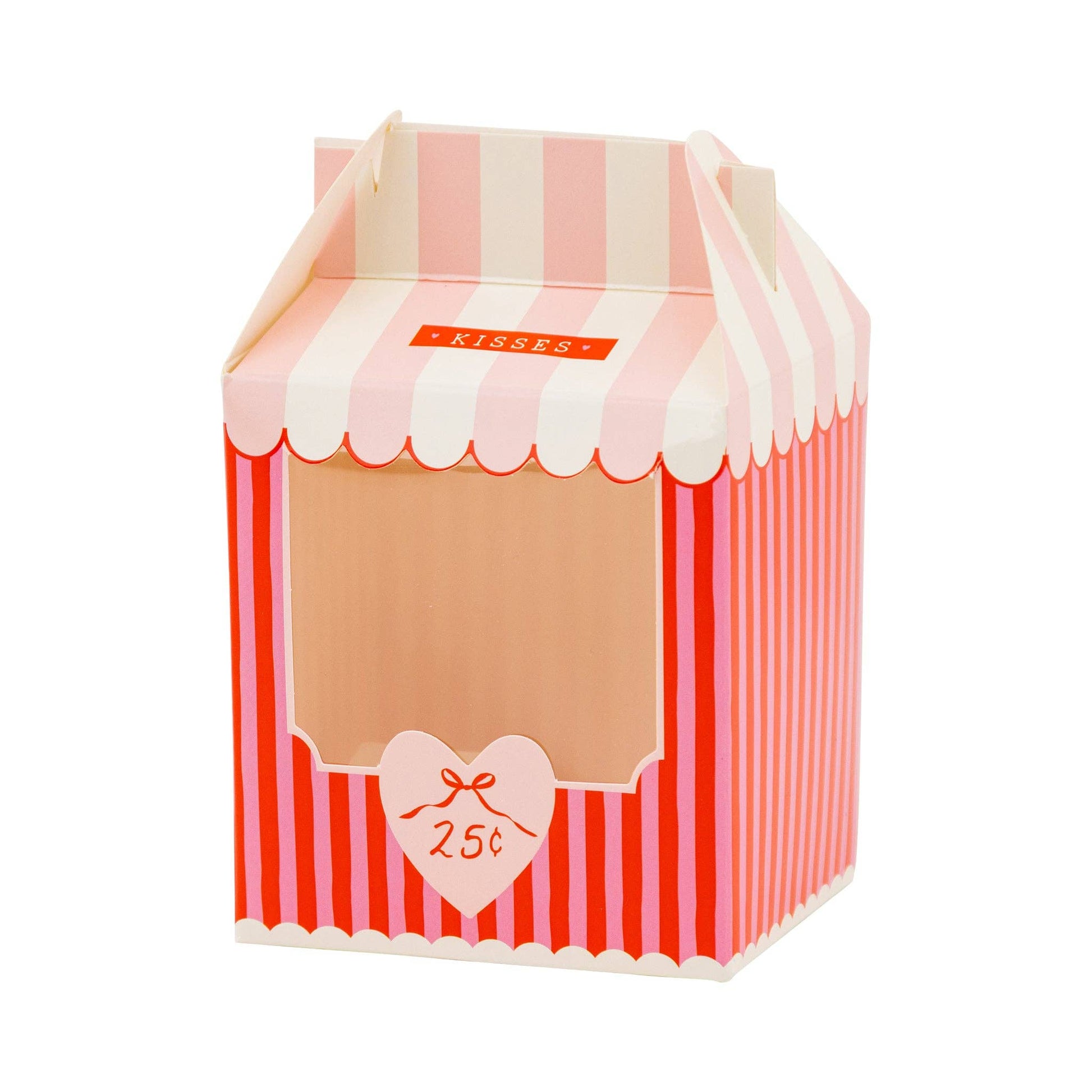 Red and pink striped treat box shaped like a Kissing Book with a heart sign with 25 cents referenced.  Top is pink and white striped to look like an awning with folding sides and text: "KISSES".